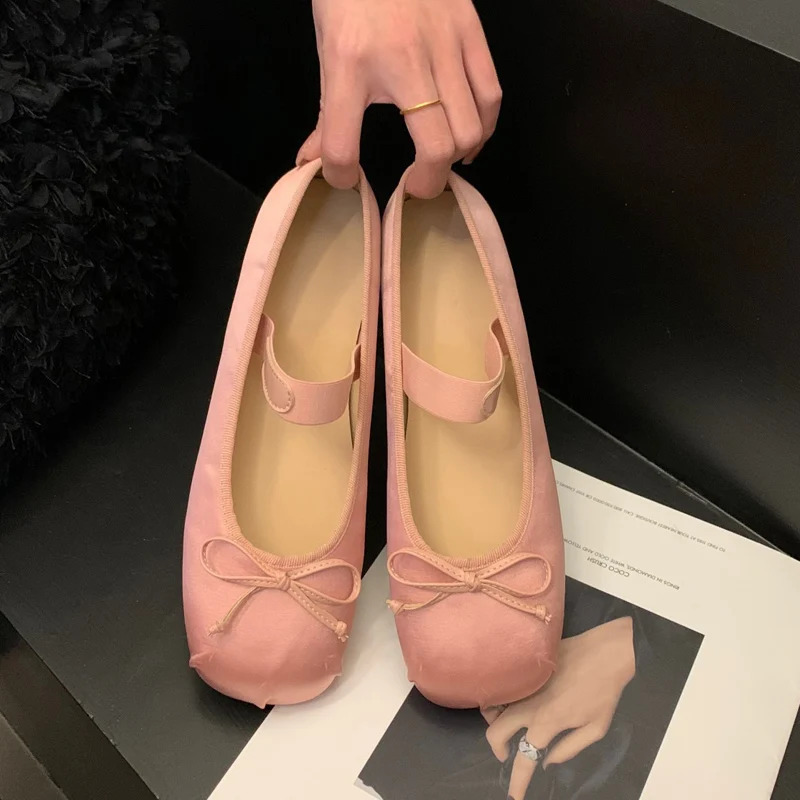 Satin Silk Ballet Shoes Woman Classic Square Toe Bowtie Elastic Band Ballerina Flats Ladies Soft Loafers 241016