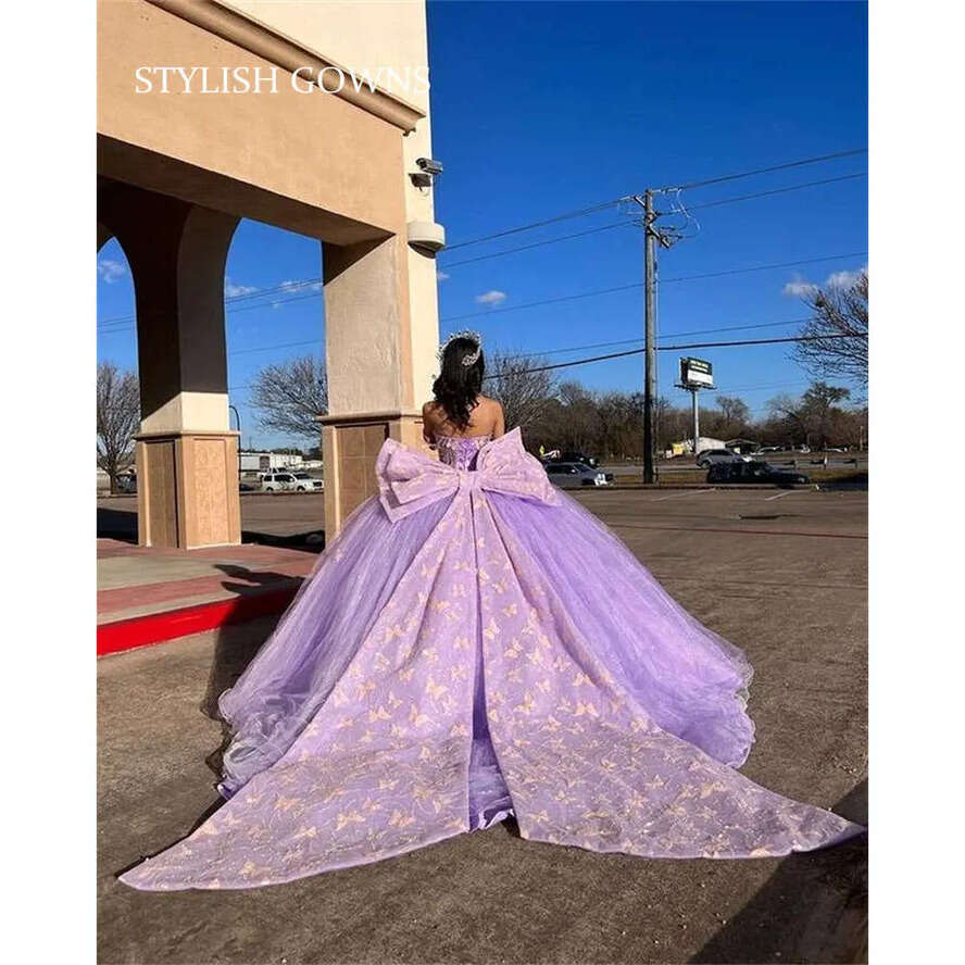 The Princess Purple Off Shoulder Ball Gown Quinceanera Dress Beaded Birthday Prom Dresses For Girl Bow Lace Up Back Graduation 0627 es