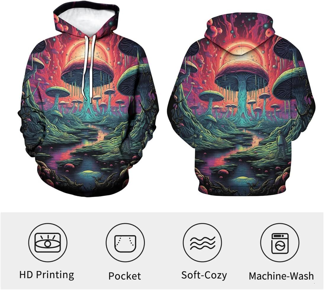 Hoodie for Mens Womens Unisex Novelty Tie Dye Pattern Hoodie 3D Funny Mushroom Cartoon Pattern Long Sleeve Drawstring Sweatshirt Hoodies Graphic cool