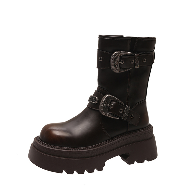 Women's 2024 Autumn/Winter New Retro Metal Buckle Thick Bottom Roman Knight Short Boots