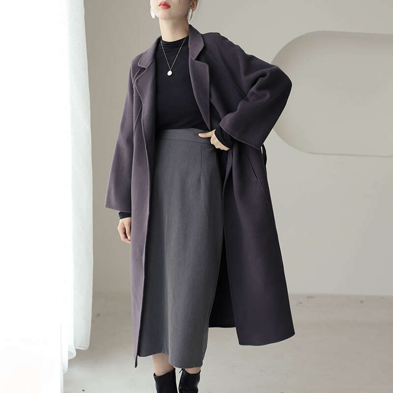 Plus Size Double Sided Woolen Overcoat Women 2021 Winter Fashion High End Long Loose Lacing Belt Black 100% Wool Coat
