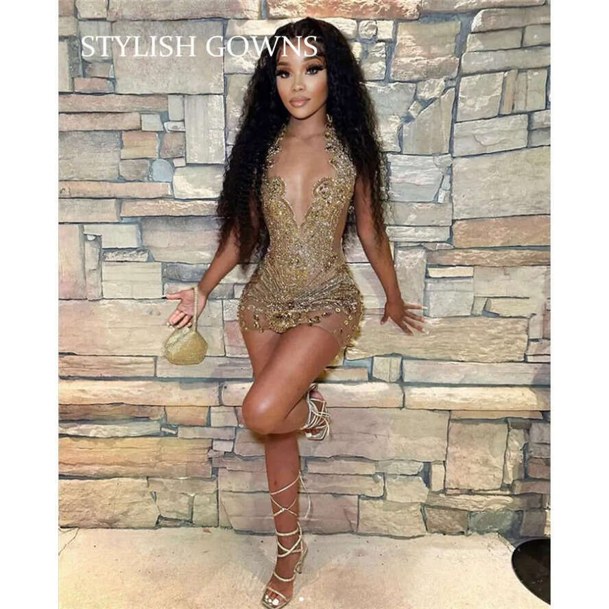 Gold O Sparkly Sheer Neck Short Prom Dress For Black Girl Beaded Crystal Dia Birthday Party Dresses Mini Tail Homecoming 0627 es
