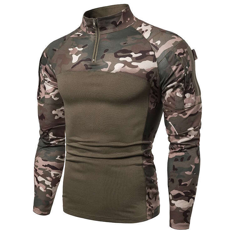 2025 Military Battlefield Outdoor Elastic Fitness Camo Long sleeved T-shirt Zipper Pocket Men's Clothing