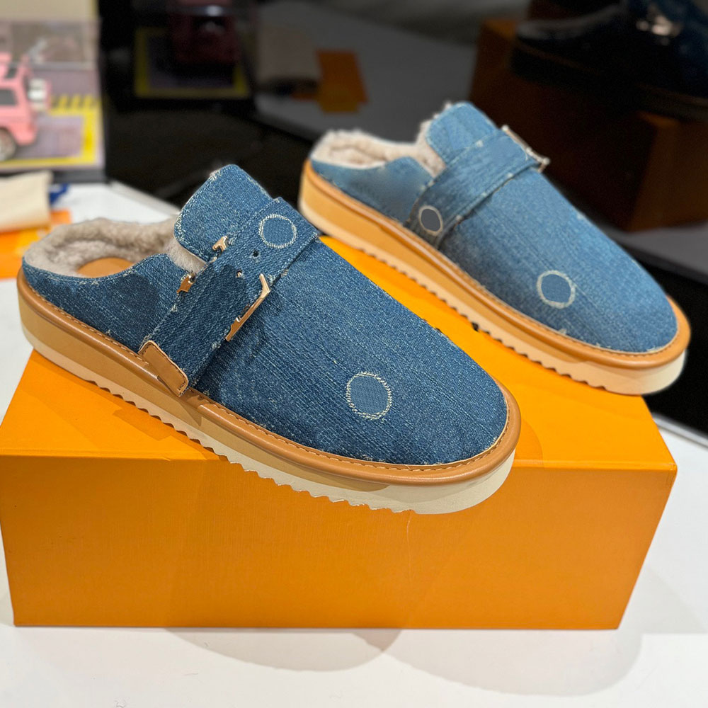 Mens womens designer blue denim mules winter mule Shearling lining warm comfortable Couple Mules Indoor Outdoor Mule Embossed logo on shoe upper Large size 35 46
