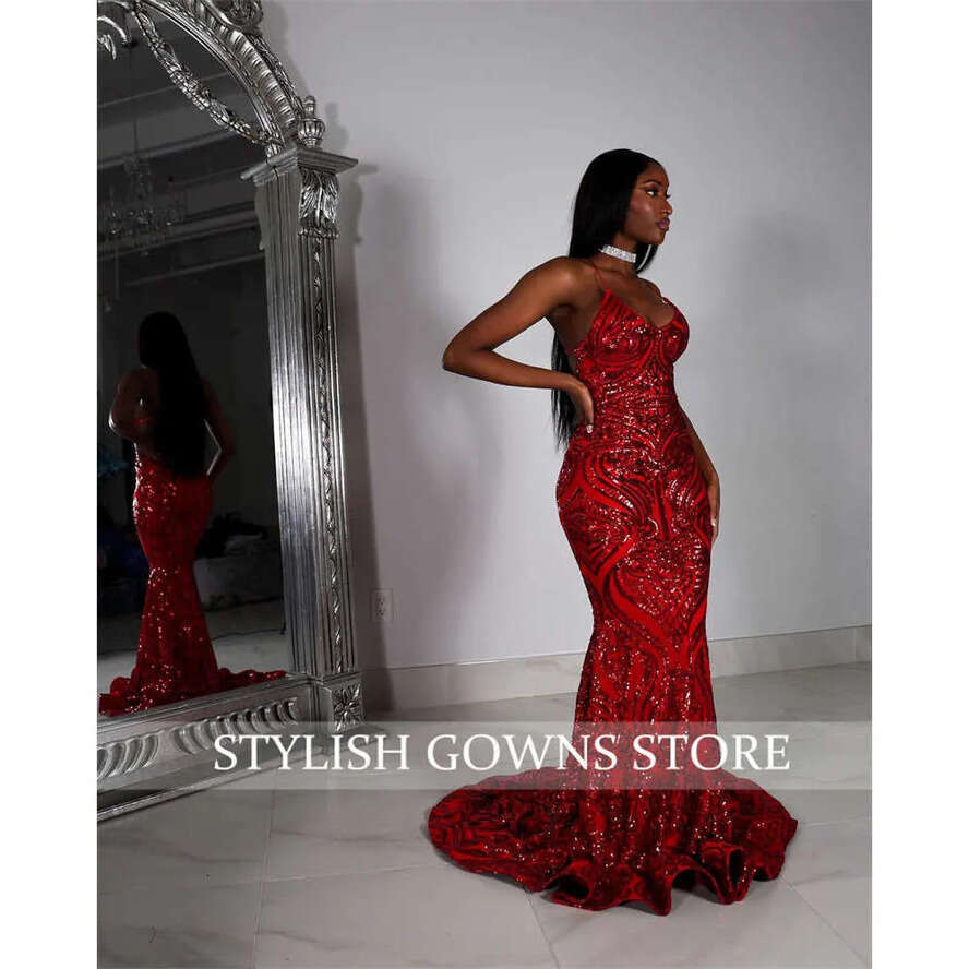 Halter Prom Red Long Dress For Black Girls Sparkly Sequined Birthday Party Dresses Mermaid Formal Gown Evening Gowns Robe De Bal 0627 es mal s