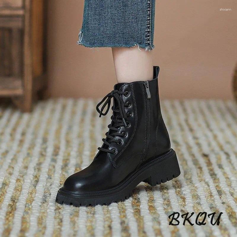 Boots BKQU Basic Ankle Women British Wind 2024 Brown Thick Soled Explosive Autumn Short Ins Single Shoes Zip