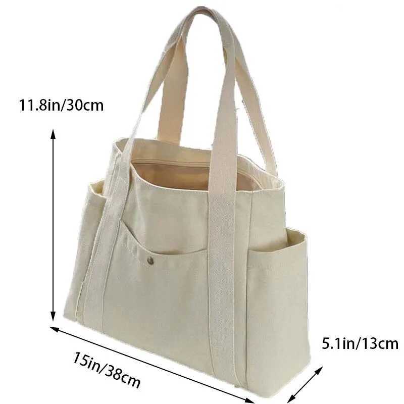Canvas Womens Bag Large Capacity Multiple Outer Pocket Zipper Shoulder Bag Student Handbag Shopping Z250224