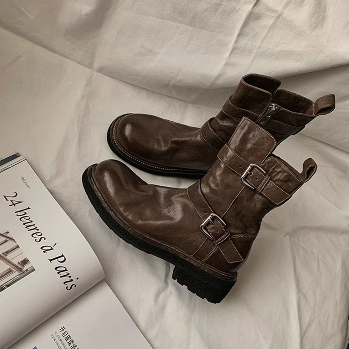Women's 2024 Spring and Autumn New Style Buckle Thick Bottom Looks Thin British Martin Boots
