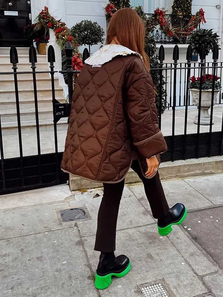 Elegant brown round neck cotton jacket womens casual long sleeved button pocket warm jacket new winter womens business jacket M241011