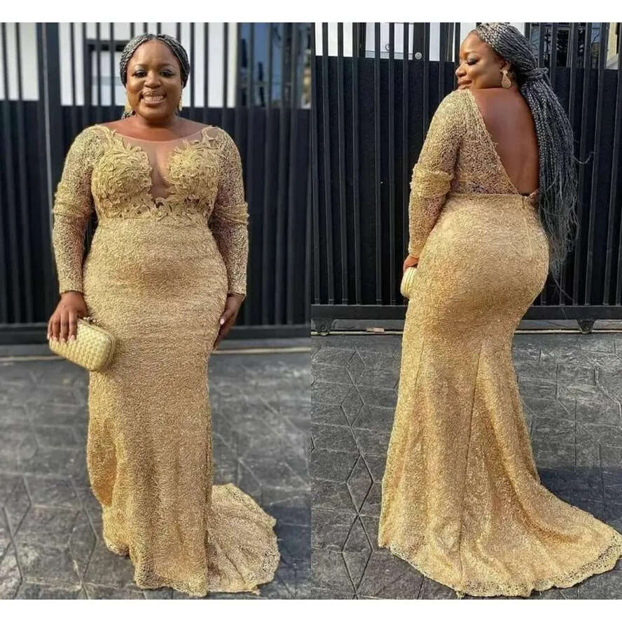Mermaid Gold Lace Prom Dresses Plus Size African Women Long Sleeves Soop Neck Formal Dress Evening Elegant With Appliques