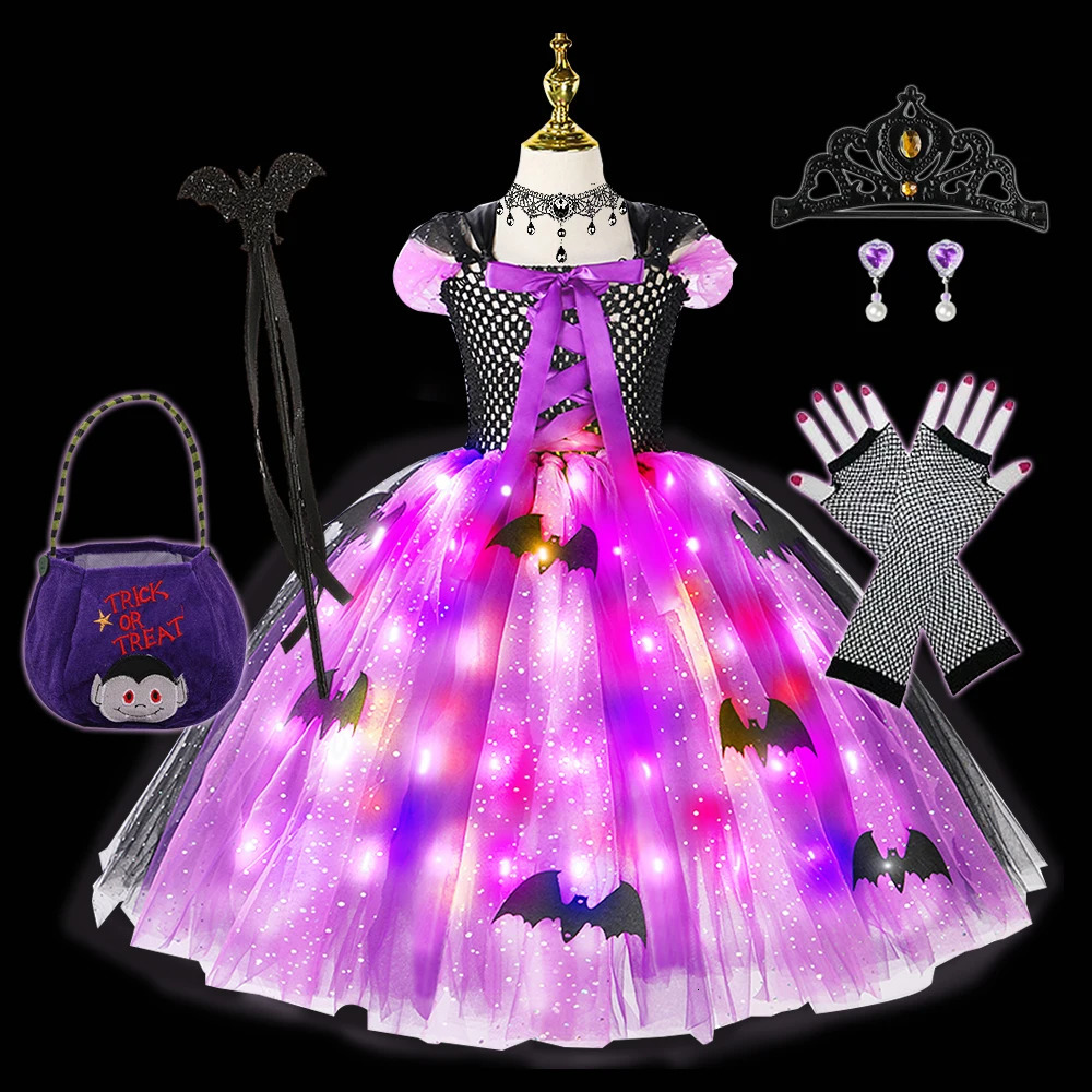 Halloween Girls LED Light Up Witch Costume Bat Tutu Dress Cosplay Carnival Disguise Party Toddler Kids Handmade Ball Gowns 241015