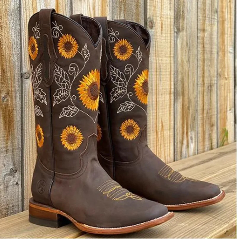 Womens Coffee Brown Embroidered Boots PU Leather Printed Western Cowboy Boots Deep V-Mouth Executive Casual Boots Classic 241015