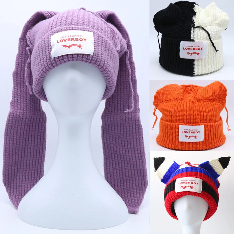 Long fox Ears Knitted Hat Men Women Rabbit Ear Warm Crochet Beanies Kpop Hip Hop Hat Winter Skullies Cap Y2k Christmas Gifty 241016