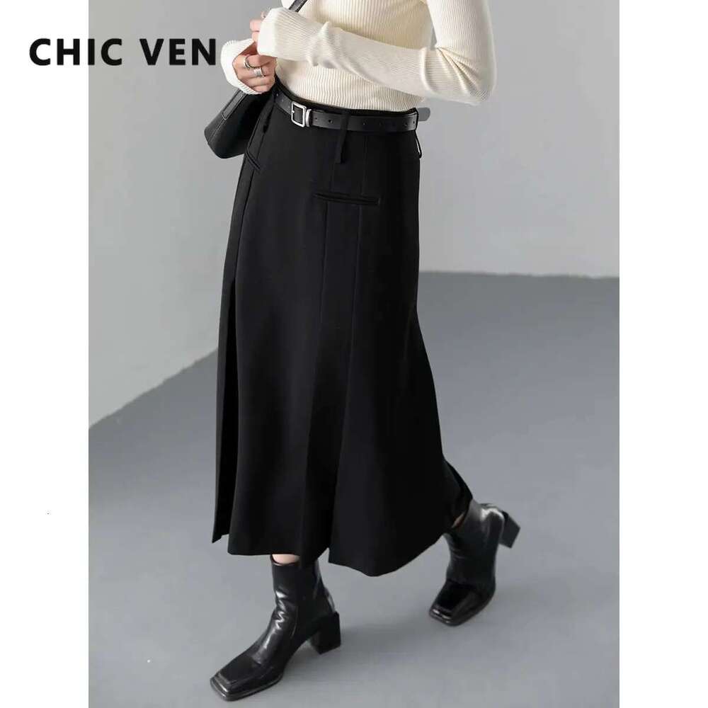 CHIC VEN British High Waist Pleated Solid A-E Women's Long Skirt Woman Clothes Outerwear Spring Autumn Fashion 2024