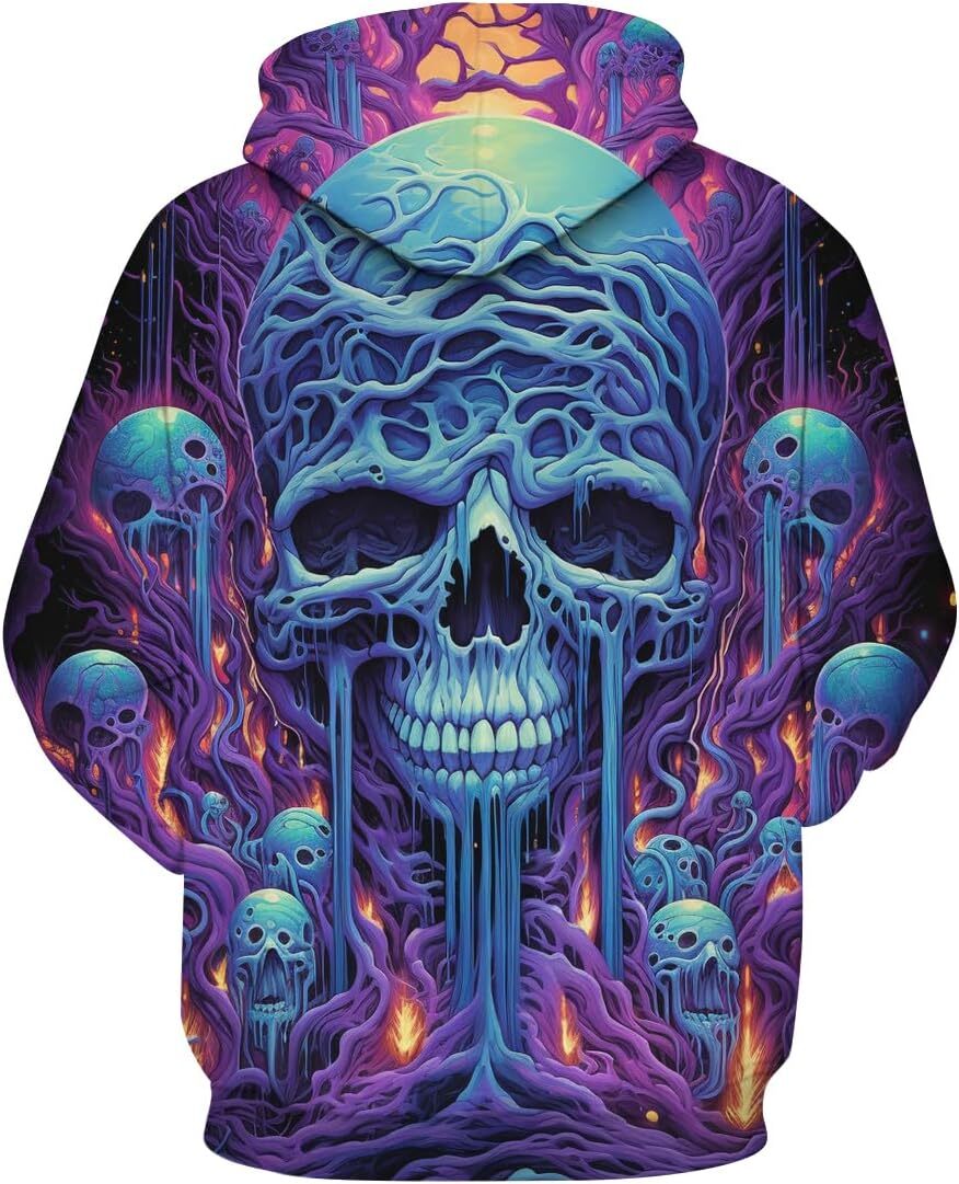 Hoodie for Mens Womens Unisex Psychedelic Skull Hoodie 3D Art Pattern Fantasy Cartoon cool Pullover Hoodies Graphic Hoodies sweatshirt Pullover Long S