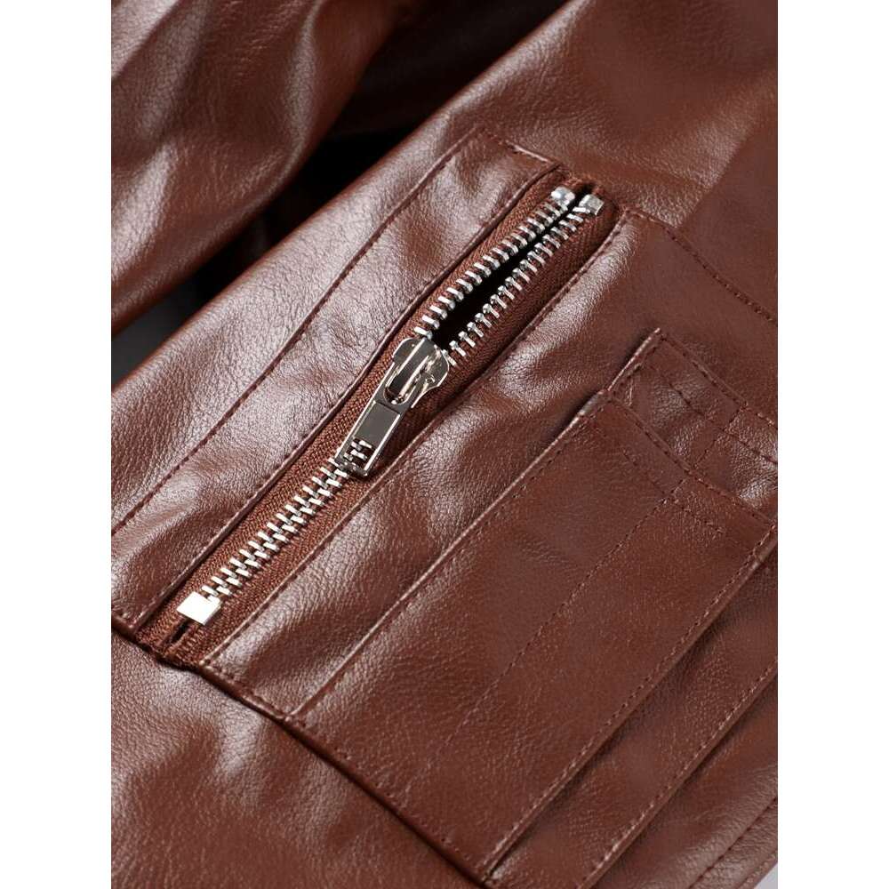 Vintage Imitation Leather Bomber Jacket Women O-Neck Zipper Pockets Loose Short Coat 2024 Autumn Lady High Street Outwear