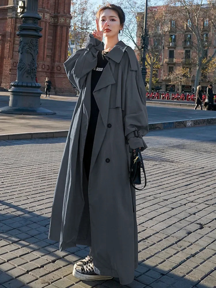 Windproof womens lapel jacket double chest V-neck autumn loose jacket solid lapel jacket 241010