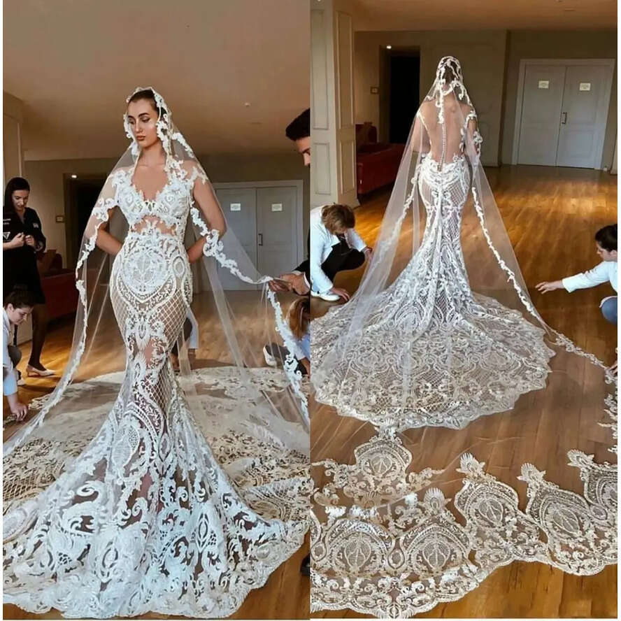 Wedding Mermaid Dresses Gorgeous Sleeveless V Neck Lace Bridal Gowns Covered Button Back Plus Size Saudi Arabic Dubai Vestido De Novia Bes Estido