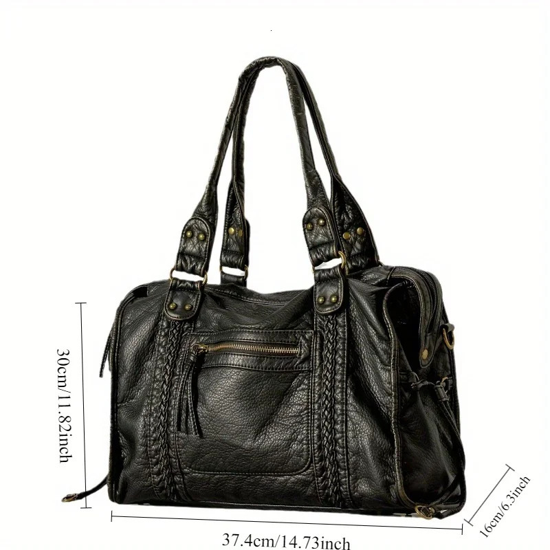 Womens Fashion Vintage Washed Soft Leather Tote Bag Large Capacity MultiPocket Shoulder Messenger 241011