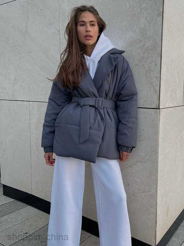 Women's Down cotton Jackets woman Parkas Collar cotton jacket 2024 winter new item thickened slimming waist cinched cotton jacket solid color bel