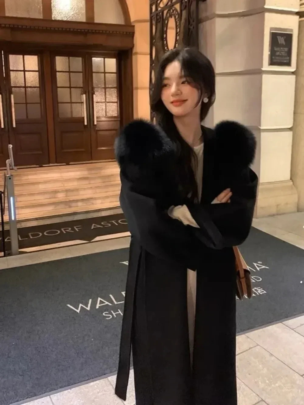 2024 New Design Hooded Wool Natural Fox Fur Outerwear Jackets With Belt Women's Overcoat Soft Woolen Coats Female