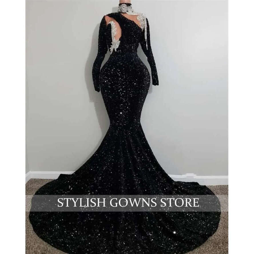Long Prom Neck High Dresses For Black Girls 2023 Sequined Evening Dress Appliques Birthday Party Gowns With Full Sleeves 0627