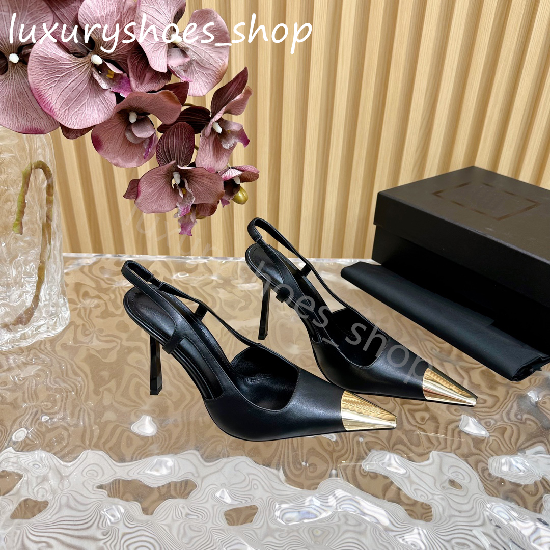 new 100mm Genuine Leather Slingback Pumps gold-tone Square pointed tip stiletto heels Slip-on women's Fashion high heeled Luxury Designers Evening Party shoes 35-42