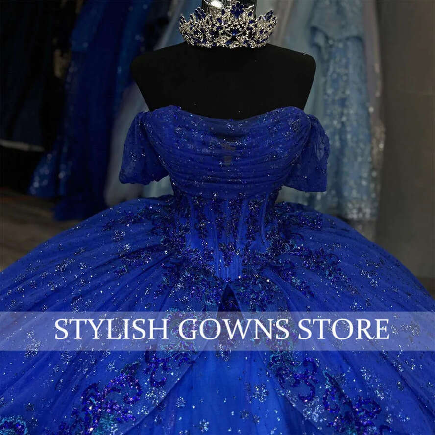 Blue Mexico Off Royal The Shoulder Gown Quinceanera Dress For Girls Ball Sequined Birthday Party Gowns Tiered Robe De Bal 0627 s