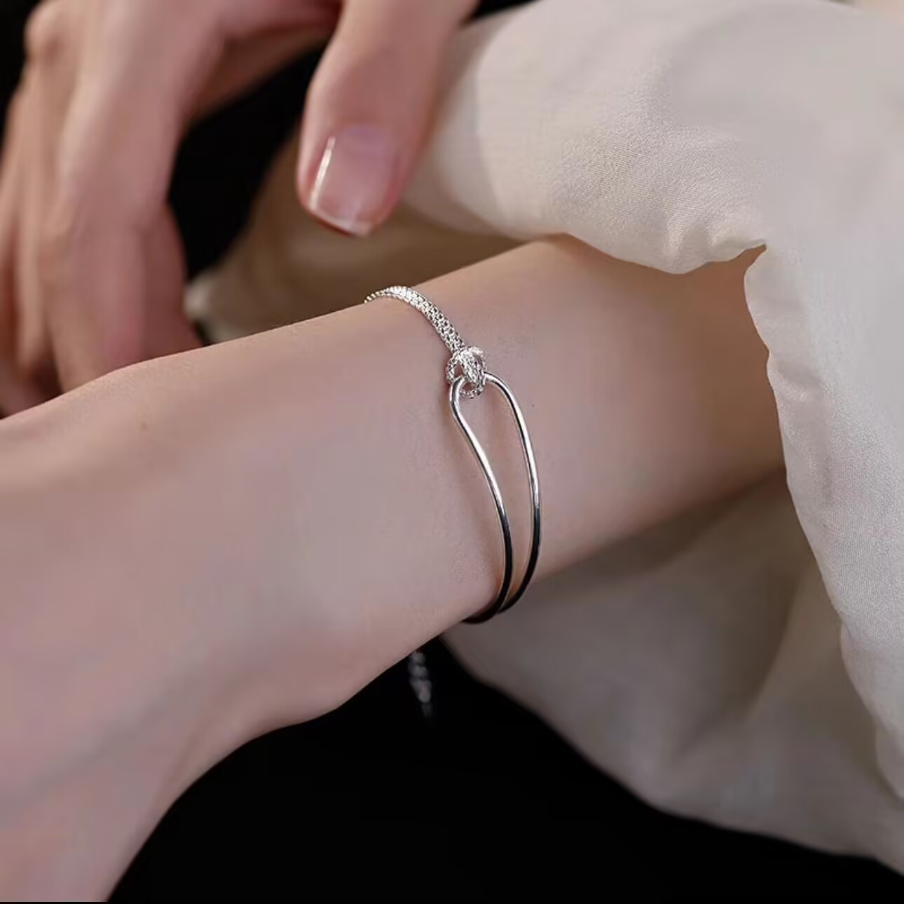 925 Sterling Silver Bangles Double Layer Chain Knot Bracelet for Women Elegant Fine Jewelry Ladies Sterling Silver Bangle Lightweight Z250910