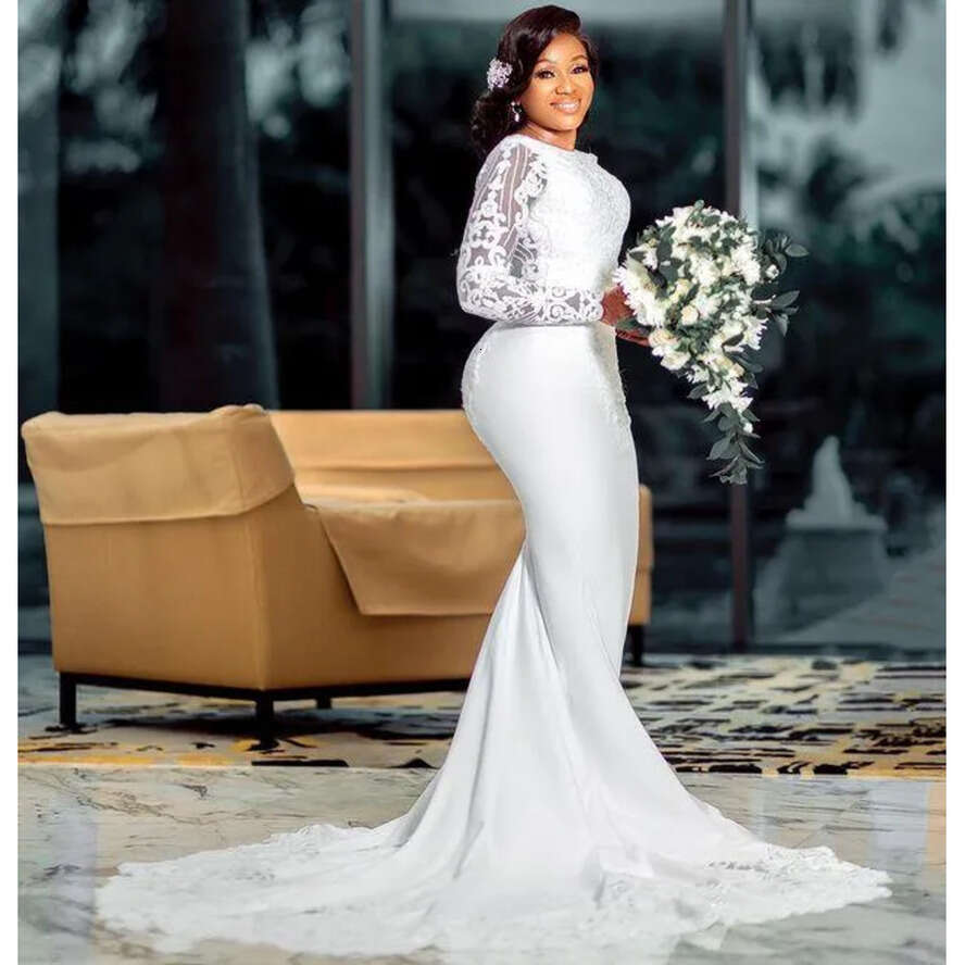 Size Arabic Plus Aso Ebi Lace Beaded Mermaid Wedding Gowns Long Sleeves Satin Vintage Bridal Dresses
