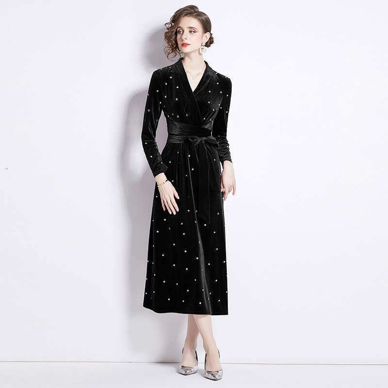 Elegant Temperament Light Hot Dia Veet Dresses Early Spring French Retro Style V-Neck Long Sleeve Dress