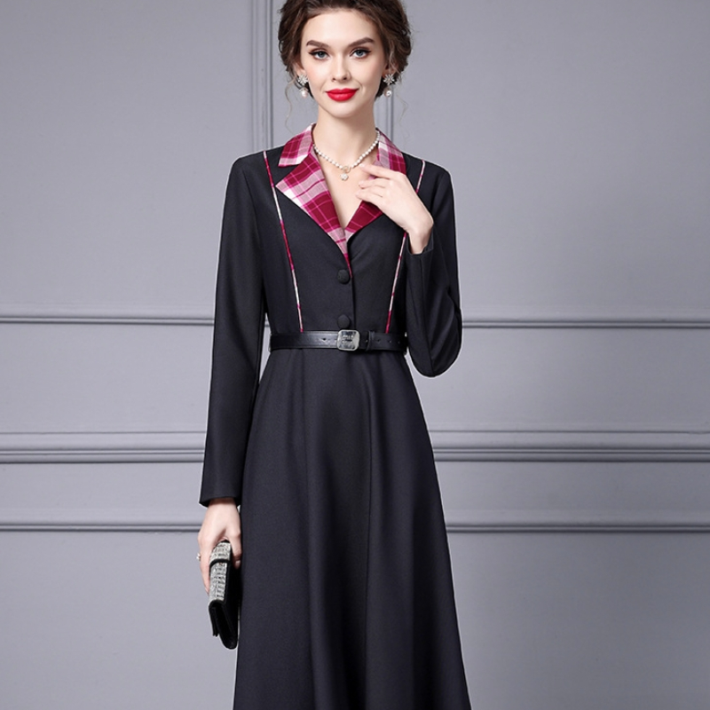 OC 122M43 Women's Work Dresses Top Handmade Production Autumn/Winter Dress Long Sleeved Contrasting Splicing Check