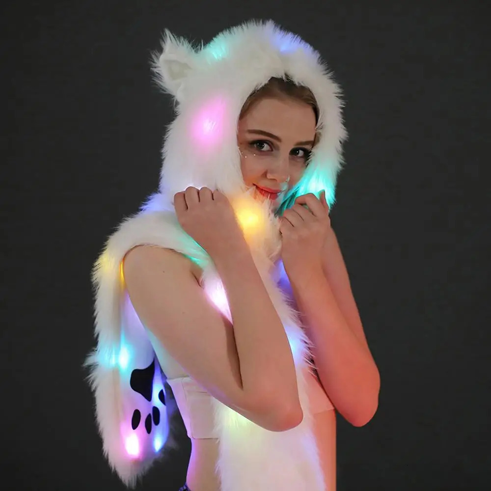 Women LED Hat Scarf Creative Multi-color LED Light Up Faux Fur Animal Ears Hood Hat with Scarf for Festival Glow Party navidad 241016