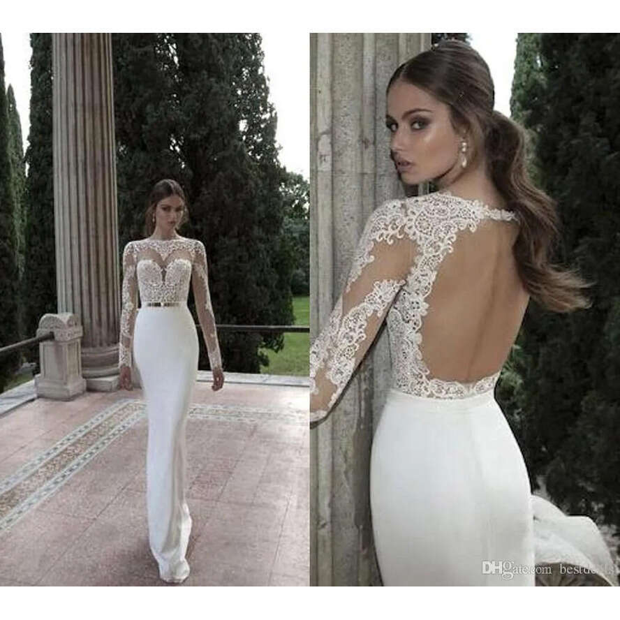 Vestido Noiva Berta De Mermaid Wedding Dresses Cheap Spring Summer High Neck Long Sleeve Sheer Lace Backless Bridal Gowns