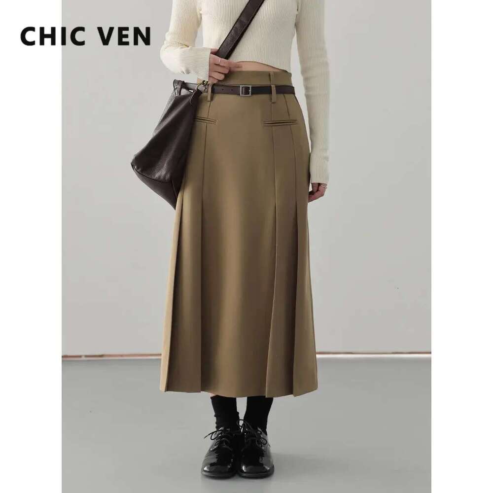 CHIC VEN British High Waist Pleated Solid A-E Women's Long Skirt Woman Clothes Outerwear Spring Autumn Fashion 2024