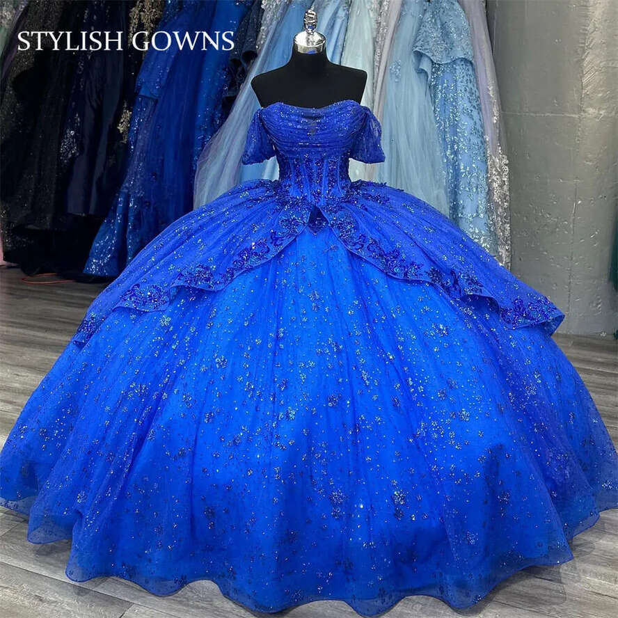 Blue Mexico Off Royal The Shoulder Gown Quinceanera Dress For Girls Ball Sequined Birthday Party Gowns Tiered Robe De Bal 0627 s