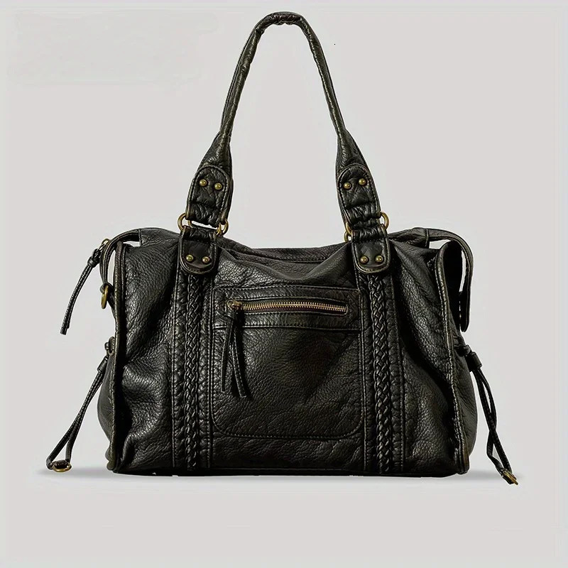 Womens Fashion Vintage Washed Soft Leather Tote Bag Large Capacity MultiPocket Shoulder Messenger 241011