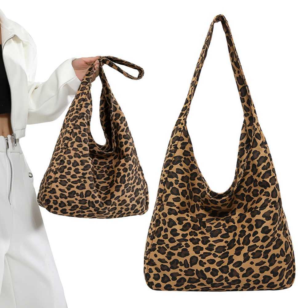 Ladies Leopard Retro Shoulder Satchel Bag Multi Pocket Canvas Underarm Large Capacity Buckle Closure for Shopping Travel Work 241016
