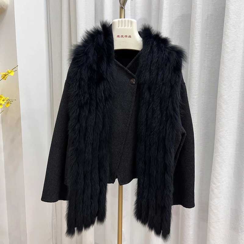 2024 New Winter Women Natural Fox Fur Collar Jacket Cashmere Wool Woolen Coat Real Fur Ladies Outerwear Female CoatX241016