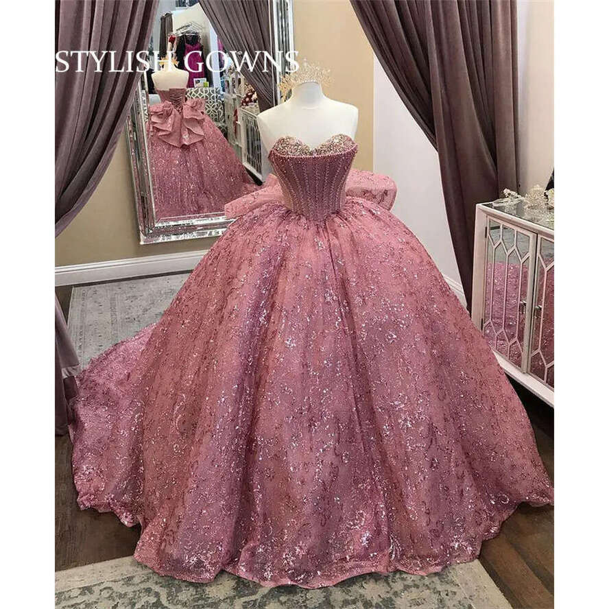 Beaded Quinceanera Pink Sparkly Dresses Ball Gown Sweetheart Rose Gold Sequins Sweet 16 Dress Lace-Up Prom Robe De Bal 0627 Dr0320