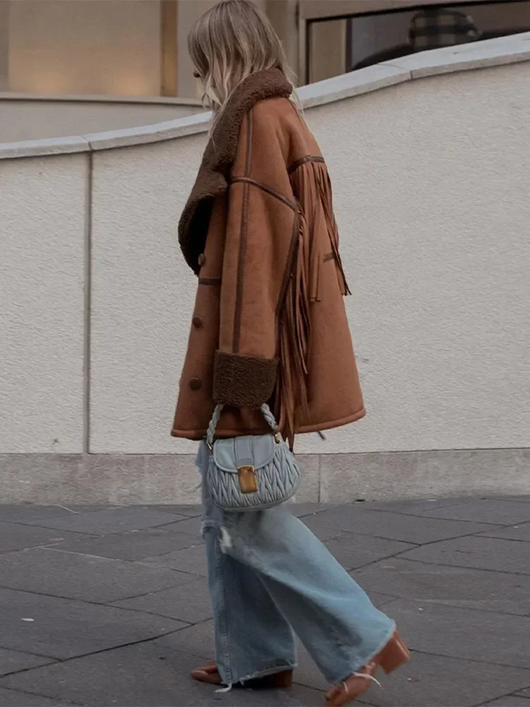 Vintage Brown Tassel Spliced Suede Lamb Wool Coats Elegant Lapel Long Sleeve Single Breasted Overcoat Autumn Winter Lady Outwear 241015