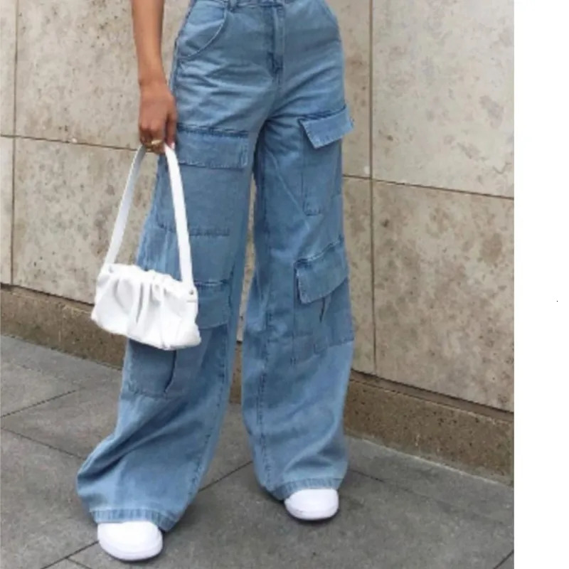 Retro Loose Cargo Denim Pants For Women 2024 Pockets Baggy Wide Leg Jeans Fashion Casual Vintage Streetwear Y2k Clothes 241011