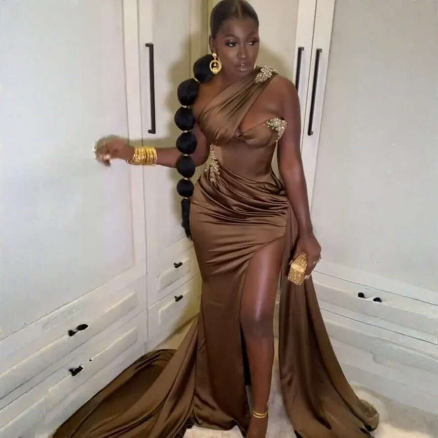 African One Shoulder Mermaid Women Prom Dresses Elastic Satin Side Split Evening Gowns Sexy Ruched Formal Dress Sequined Beaded Party Gala Engagament 