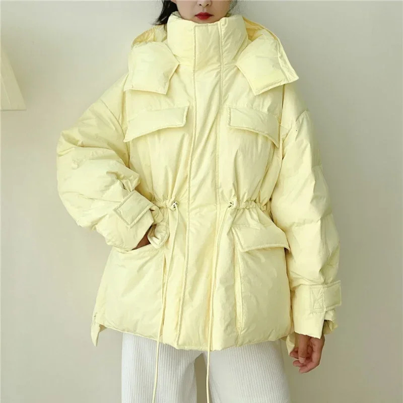 Winter Hooded Parkas Warm Jacket Womens Down Cotton Coat Irregular Fluffy Bubble Drawstring Waist Loose Coat Cotton Coat 241010