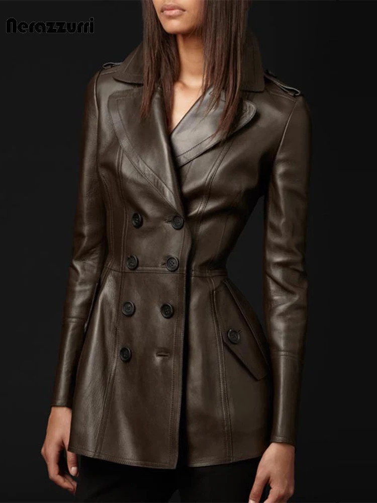 Nerazzurri British Style Brown Leather Trench Coat for Women Double Breasted Elegant Chic Fitted Soft Pu Leather Blazer 241015