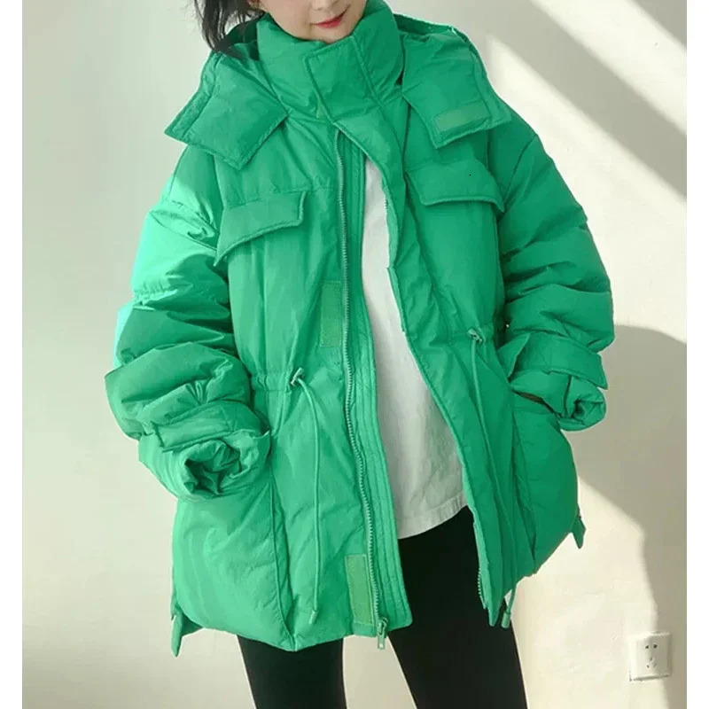 Winter Hooded Parkas Warm Jacket Womens Down Cotton Coat Irregular Fluffy Bubble Drawstring Waist Loose Coat Cotton Coat 241010