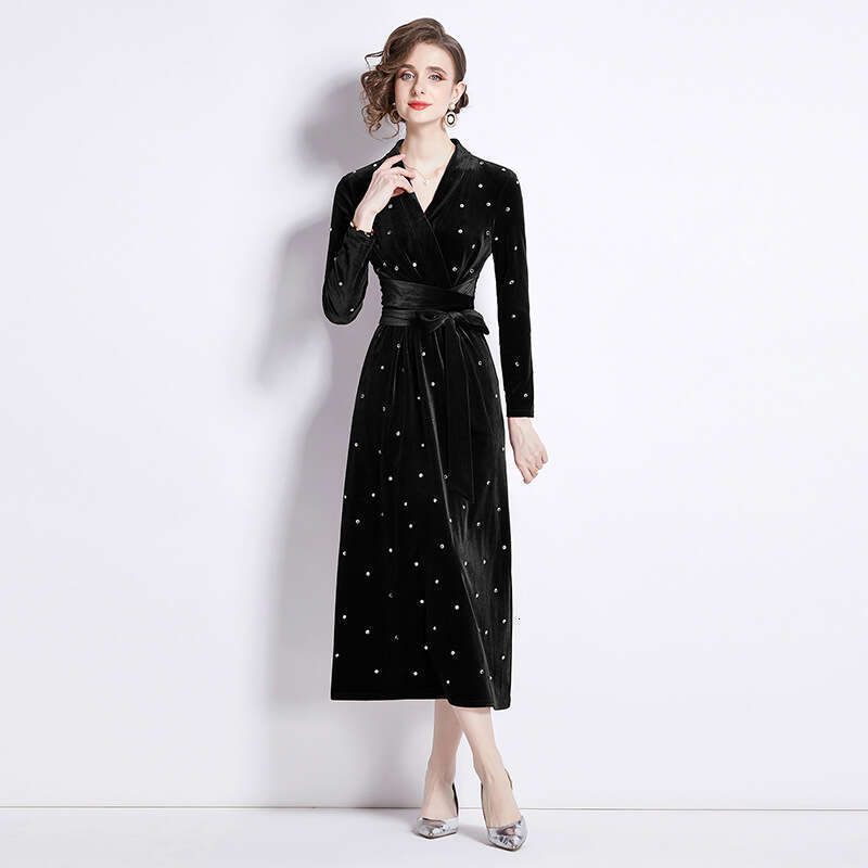 Elegant Temperament Light Hot Dia Veet Dresses Early Spring French Retro Style V-Neck Long Sleeve Dress
