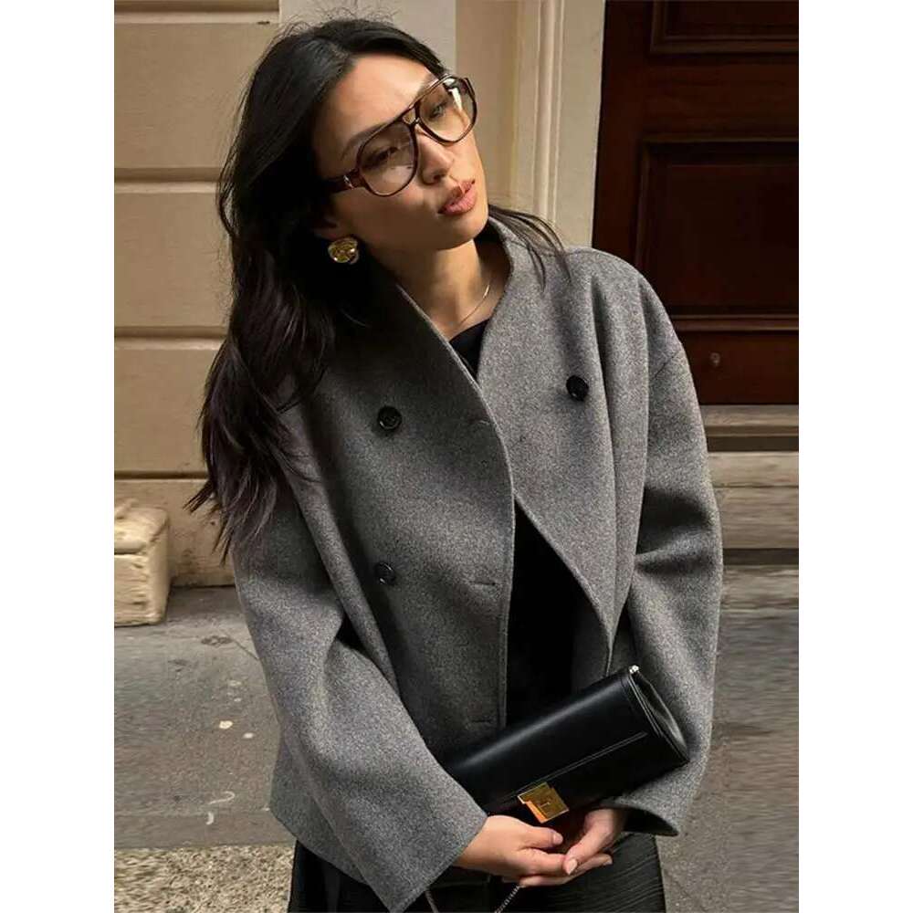 Women's Loose Casual Woolen Coats Retro Double Breasted Stand Collar Short Jacket Office Lady Outerwear Autumn Winter 2024