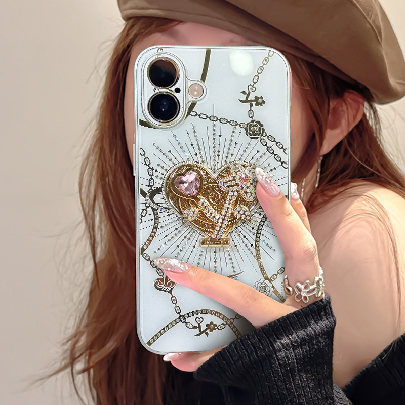 Luxury Glitter Diamond Heart Love Cases With Stand Holder Shockproof Back Cover For iPhone 16 15 14 13 Pro Max Samsung S21 S22 S23 S24 Ultra Plus A16 
