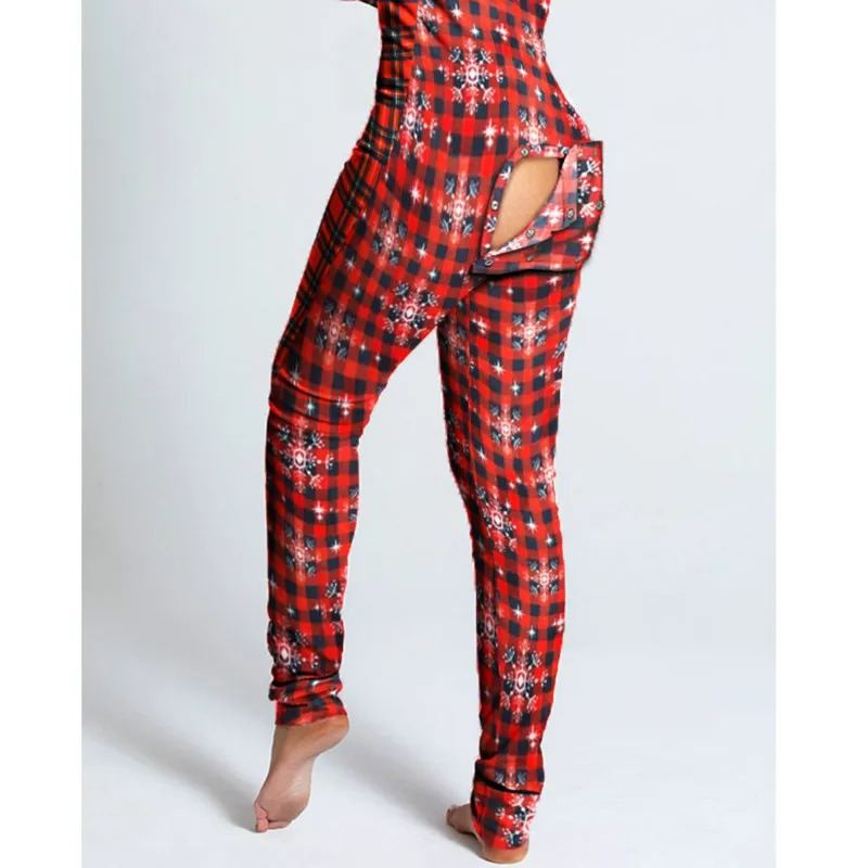 Sexy sleepwear womens jumpsuit button down front back Bum open butt flap jumpsuit Loungewear Christmas print button 241011